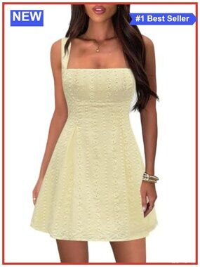 100% Cotton Eyelet Mini Dress Square Neck A-Line Sleeveless Summer Graduation